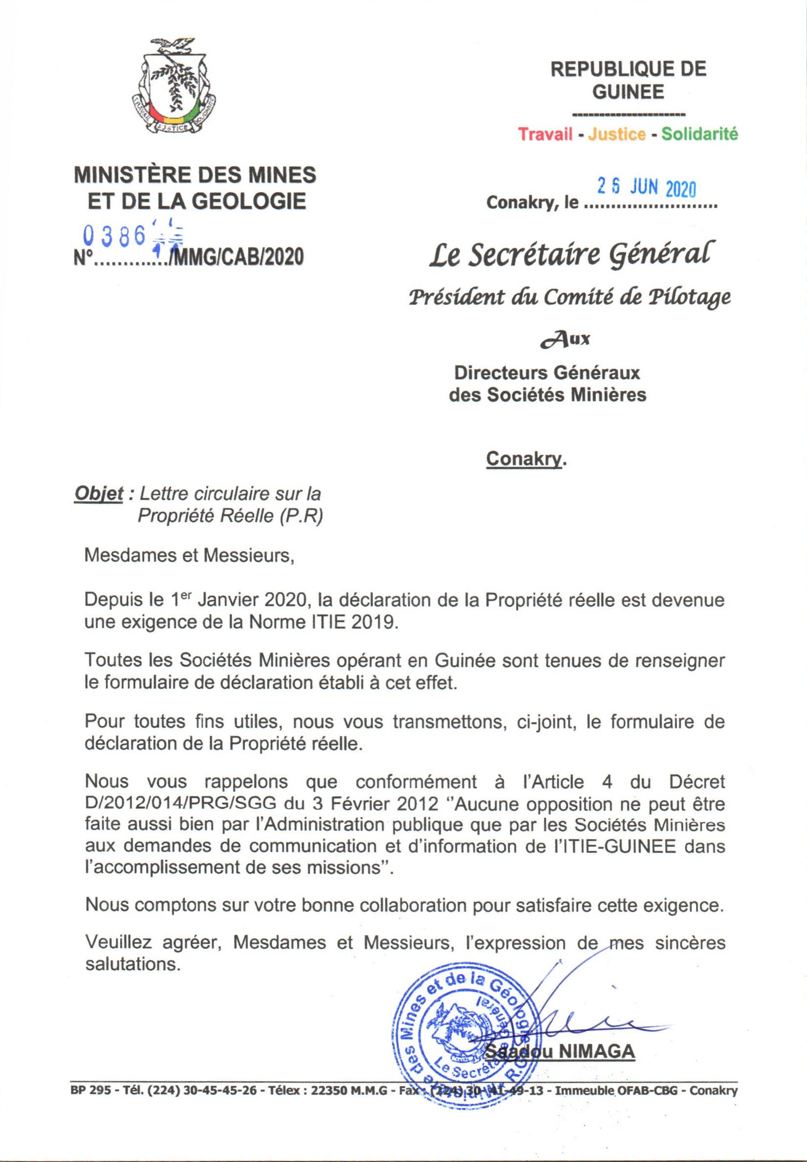 Lettre circulaire sur la propriété réelle – ITIE Guinée